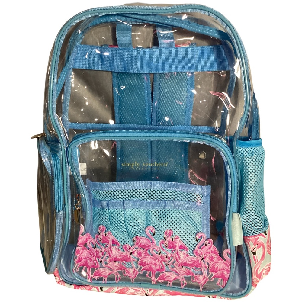 Simply Southern PVC Pink Flamingos Blue Trimmed Clear Transparent Backpack RARE